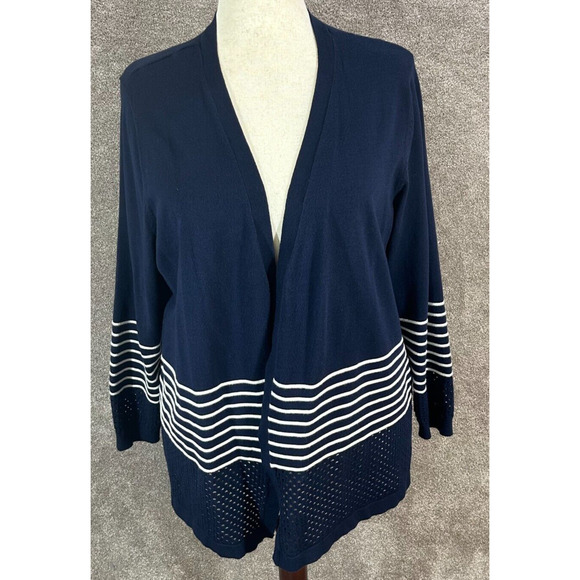 CJ Banks Cardigan Womens 2X Blue Stripe Open Front Sweater Open Knit Hem - Picture 1 of 9